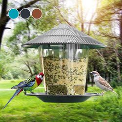 automatic bird feeder, hanging outdoor feeder with multiple hole dispenser, foot activated food container holder