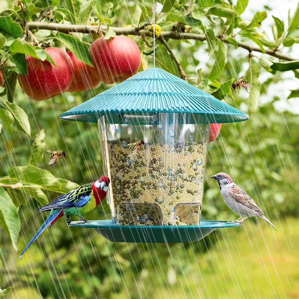 Automatic Bird Feeder, Hanging Outdoor Feeder with Multiple Hole Dispenser, Foot Activated Food Container Holder