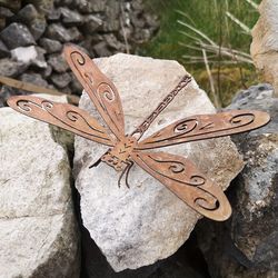 rustic metal dragonfly sculpture, natural rust outdoor garden decor, handmade insect ornament