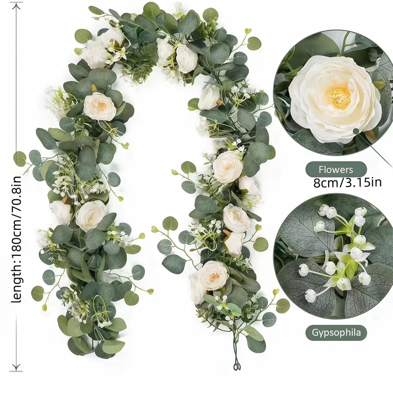 Lifelike Artificial Eucalyptus Vine Garland, with Fake Rose Flowers, Gypsophila, for Wedding, Party, Home Table Runner