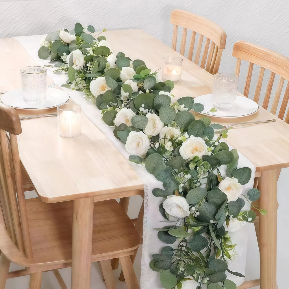 Lifelike Artificial Eucalyptus Vine Garland, with Fake Rose Flowers, Gypsophila, for Wedding, Party, Home Table Runner