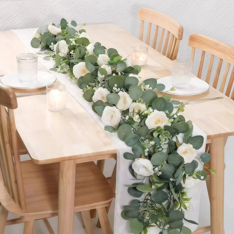 Lifelike Artificial Eucalyptus Vine Garland, with Fake Rose Flowers, Gypsophila, for Wedding, Party, Home Table Runner