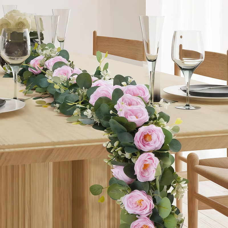 Lifelike Artificial Eucalyptus Vine Garland, with Fake Rose Flowers, Gypsophila, for Wedding, Party, Home Table Runner