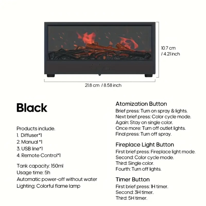 USB Powered Fireplace Humidifier and Aroma Diffuser, with Remote Control, Color Changing Lights, Adjustable Timer