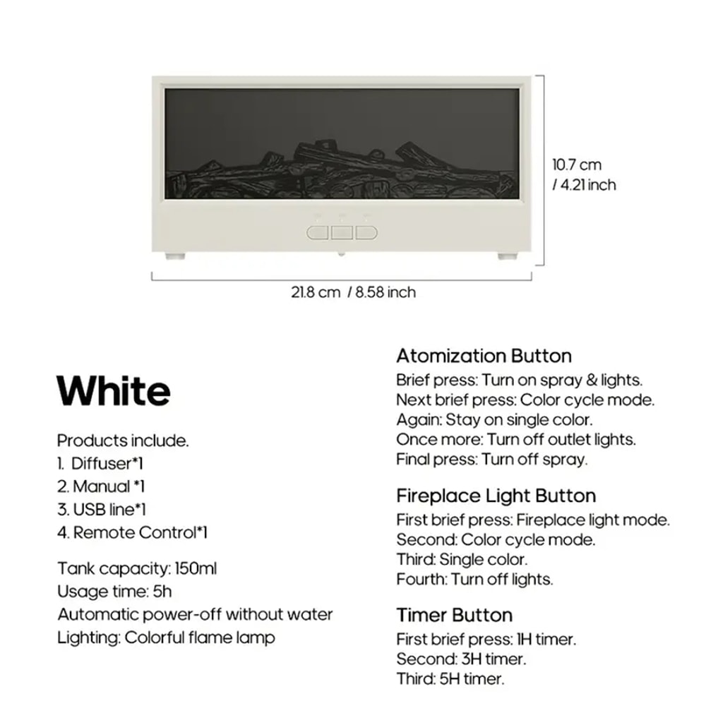 USB Powered Fireplace Humidifier and Aroma Diffuser, with Remote Control, Color Changing Lights, Adjustable Timer