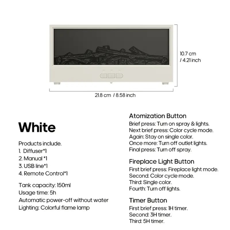 USB Powered Fireplace Humidifier and Aroma Diffuser, with Remote Control, Color Changing Lights, Adjustable Timer