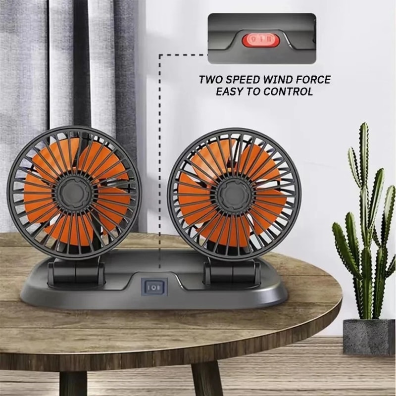 Dual Head Car Fan, USB Powered Auto Cooler, 2 Speed Adjustable Wind Regulator, Essential Car Accessories