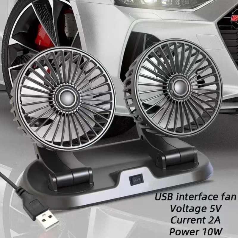 Dual Head Car Fan, USB Powered Auto Cooler, 2 Speed Adjustable Wind Regulator, Essential Car Accessories