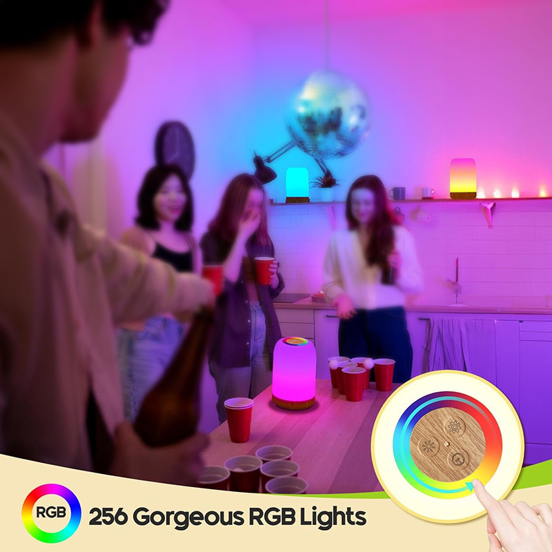 USB Rechargeable LED Touch Lamp Wood Grain Table Lamp With Dimmable RGB Color And Timing Function F 4