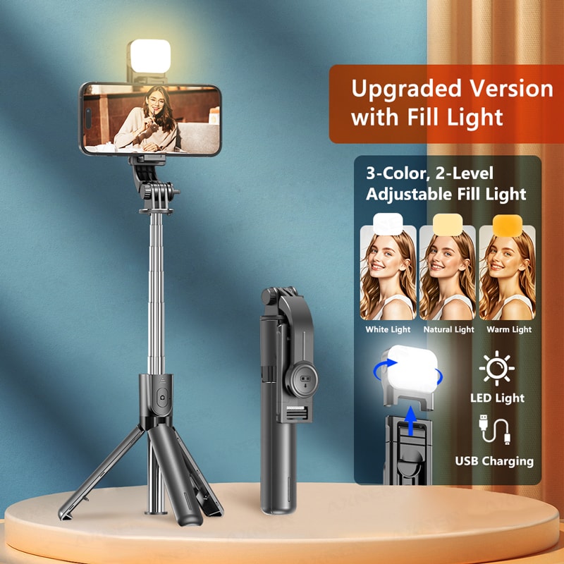 The Ultimate Selfie Stick Tripod, with Detachable Bluetooth Remote, Fill Light, 360 Rotation, and Extendable Pole