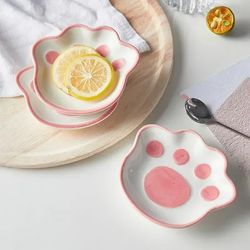 ceramic cat paw dish set, cute cartoon dessert plates, soy sauce and dip bowls for household kitchen