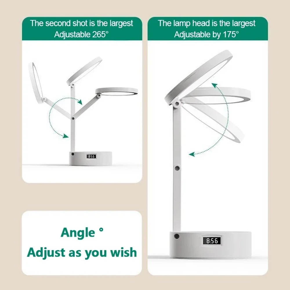 Rechargeable Foldable LED Reading Light, Portable USB Desk Lamp, Energy Saving Book Light for Reading, Clock Fold Design