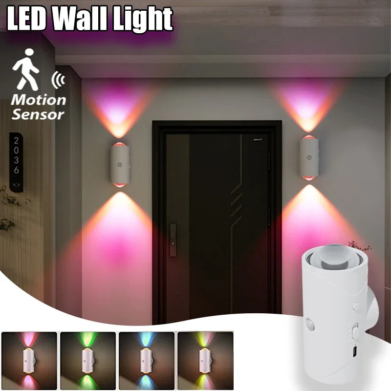 Modern LED Wall Light, with Motion Sensor, Rechargeable RGB Color Changing Night Light, for Stairs, Porch