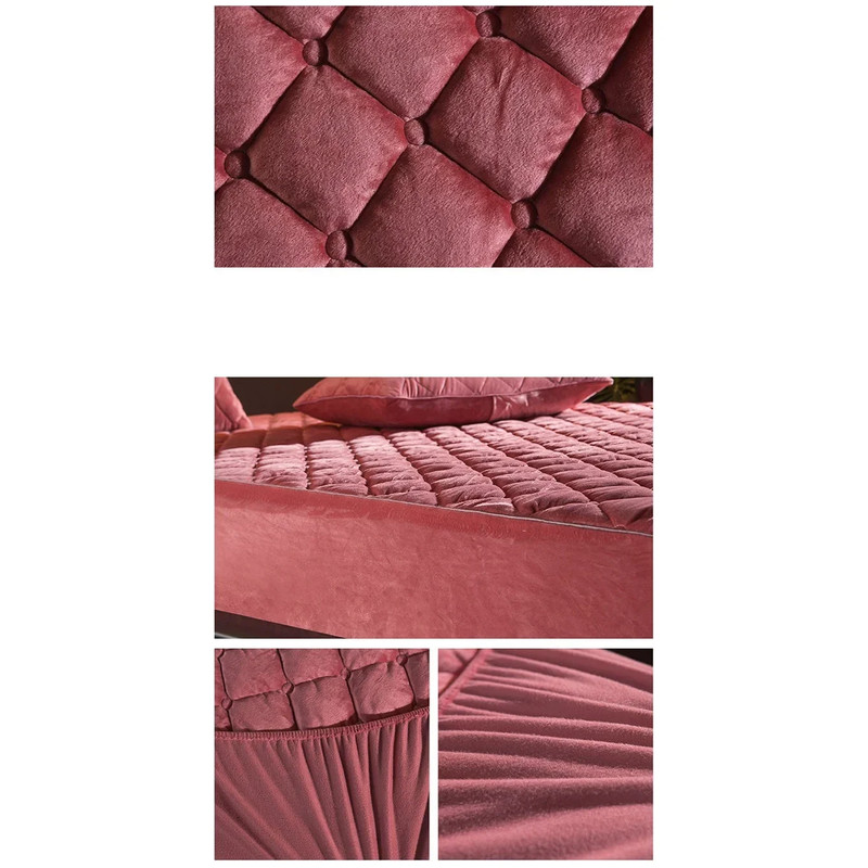 Plush Thicken Quilted Mattress Cover, Warm Soft Crystal Velvet, King Queen Quilted Bed Fitted Sheet