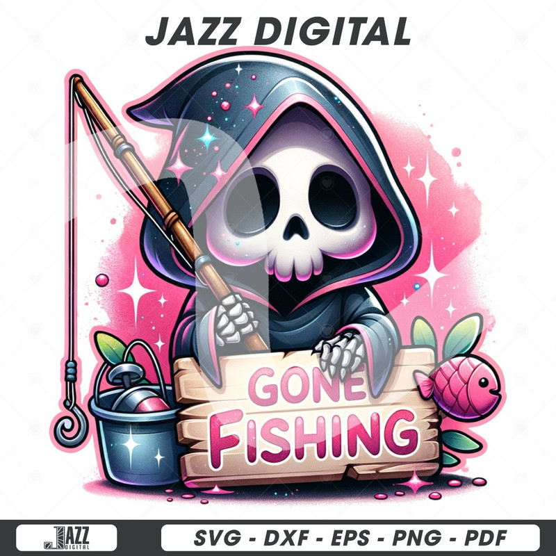 Funny Gone Fishing PNG, Spooky Fishing Clipart, Summer Grim Reaper Sublimation Design, Skeleton DTF Transfer, Mug, Tumbler Wrap, Sticker.jpg