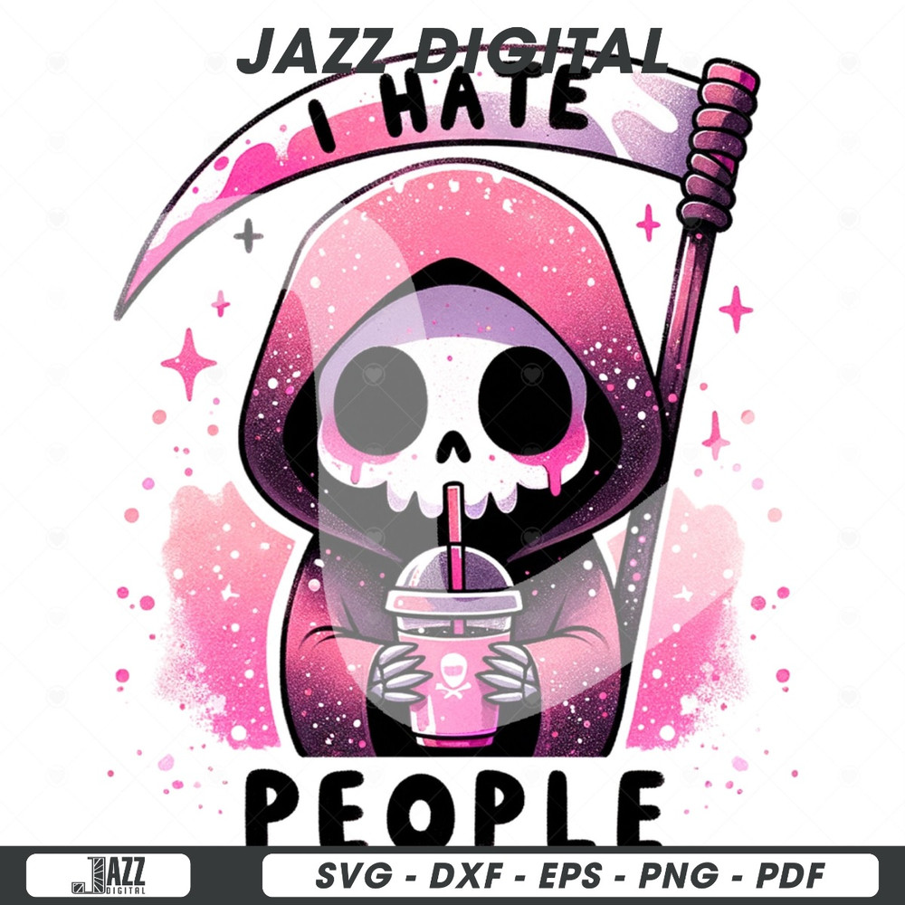 I Hate People PNG, Spooky Grim Reaper Clipart, Iced Coffee PNG, Snarky Skeleton Sublimation Design, Sarcastic DTF Transfer, Halloween Shirt.jpg