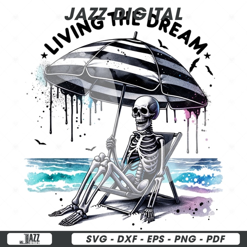 Living the Dream PNG, Funny Skeleton Clipart, Summer Goth Sublimation Design, Spooky Beach Shirt Design, Pastel Goth Skeleton DTF, Wrap.jpg