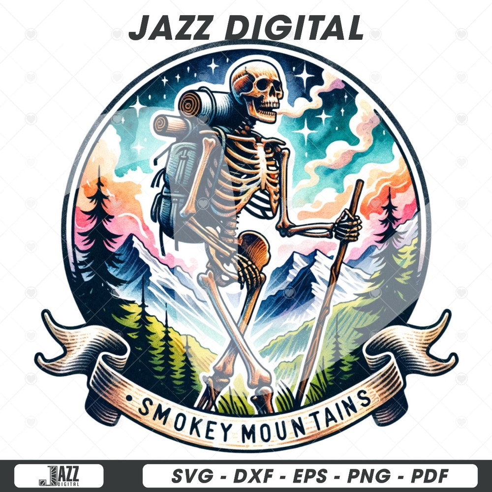 Smokey Mountains Vacation PNG, Retro Skeleton Sublimation Design Download, Hiking Sublimations, Summer Skeleton Clipart, Summer Shirt Design.jpg