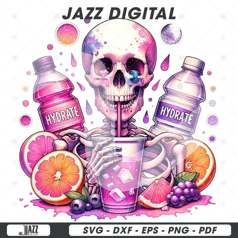 Summer Skeleton PNG, Hydrate Skeleton Clipart, Trendy Watertok Sublimation Design, Tropical Tshirt Design File, Water Glass Jar Wrap File.jpg