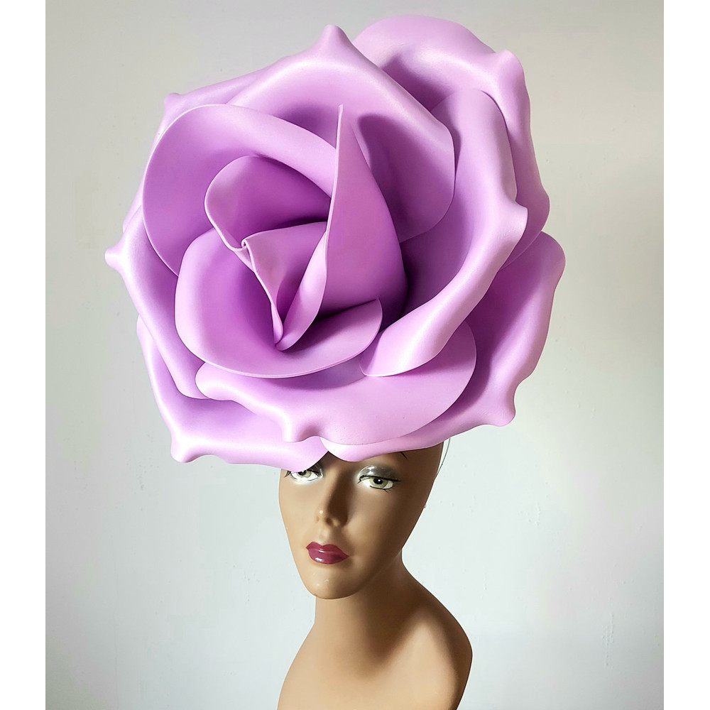 Lavender flower fascinator headband for wedding guest, giant vertical rose on hairband, Kentucky Derby Headdress, Couture Hat.jpg