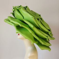 Giant ROSE green hat, Cosplay costume Party headdress, Headwear for Fashion show, theater props, dance, photo shoot