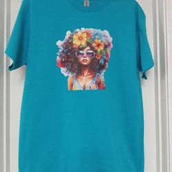 Flower Hair Beauty Graphic Print T-Shirt Tropical Blue