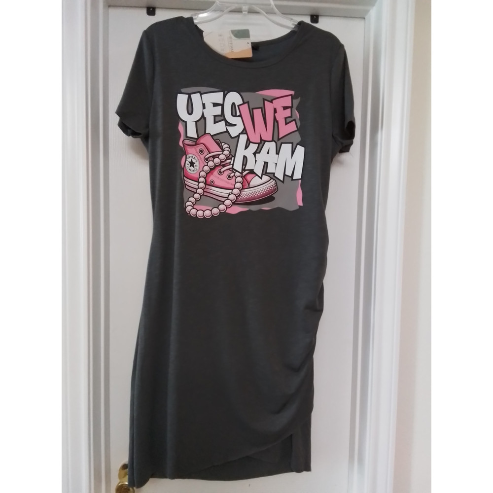 Dark Grey Ruched Side Dress WYES WE KAM Graphic Large 0