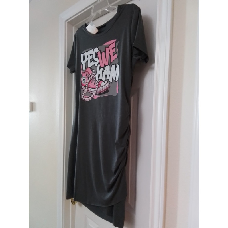 Dark Grey Ruched Side Dress WYES WE KAM Graphic Large 1