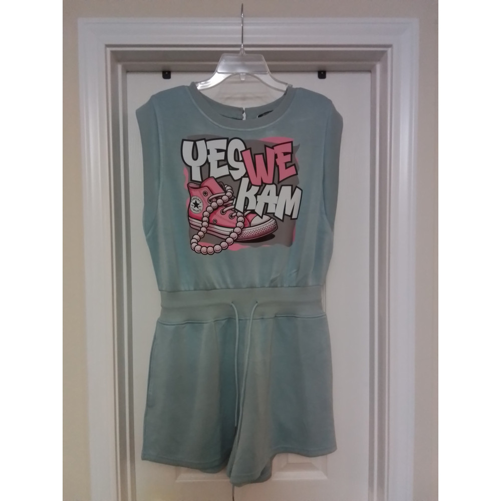 Pastel Green Tie Waist Romper WYES WE KAM Graphic Print Large 0
