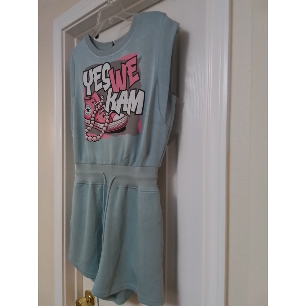 Pastel Green Tie Waist Romper WYES WE KAM Graphic Print Large 1