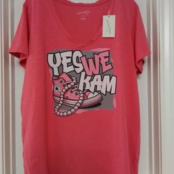 pink ladies loose fit vneck w/yes we kam graphic print 2x