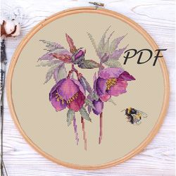 Cross stitch pattern pdf hellebore flower (with bumblebee) design for embroidery