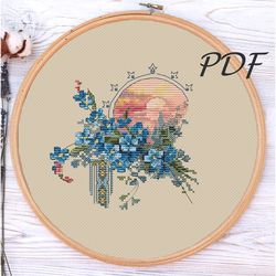 Cross stitch pattern pdf design for embroidery Moon and forget-me-nots moonscape