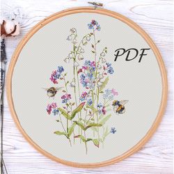 Cross stitch pattern pdf Forget-me-nots and lilies of the valley (with bumblebees) design for embroidery