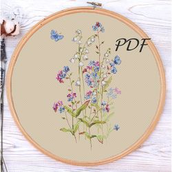 Cross stitch pattern pdf Forget-me-nots and lilies of the valley (with butterflies)design for embroidery
