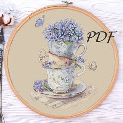 cross stitch pattern pdf cups with forget-me-nots design for embroidery