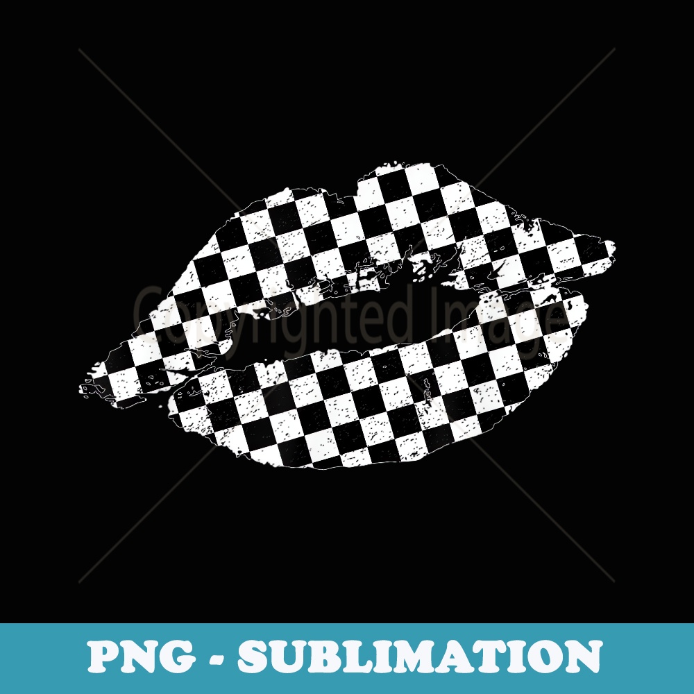 Checkered lips kiss plaid black white racing party - Vintage Sublimation PNG Download