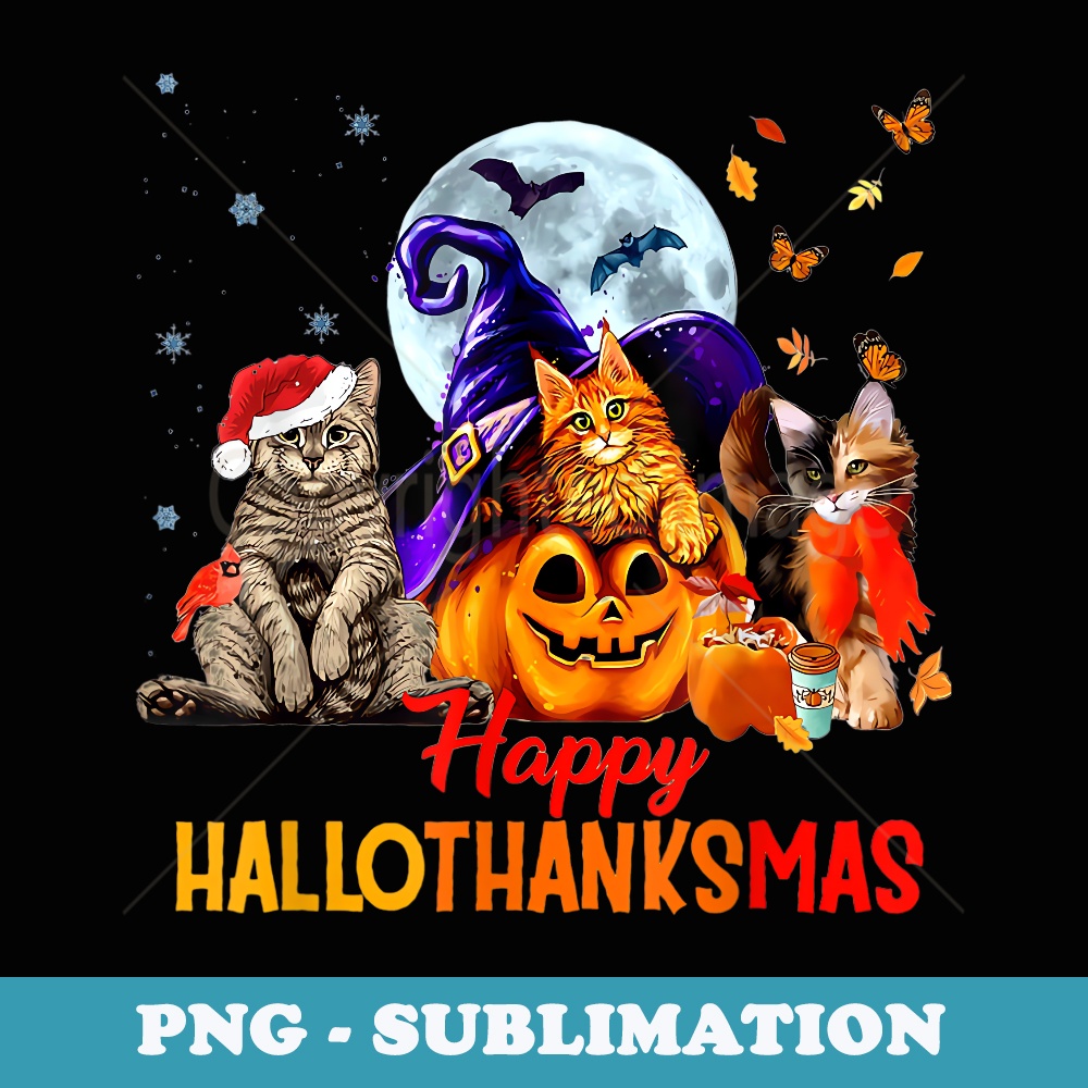 Cats Happy Hallothanksmas Halloween Thanksgiving Christmas - Decorative Sublimation PNG File