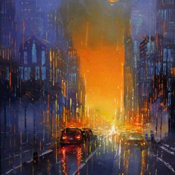 Cyberpunk Painting "STEAMPUNK NIGHT" Original Oil Painiting on Canvas Modern City Painting Art by "Walperion"