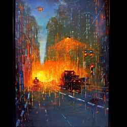 cyberpunk painting "glowing night" original oil painiting on canvas modern city painting art by "walperion paintings