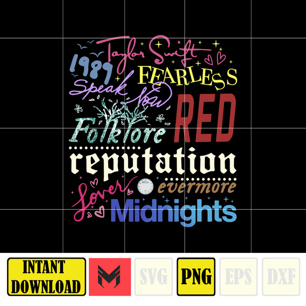 Taylor Swift Midnights, Reputation,1989, Fearless, Lover, Folklore, Evermore, Speak Now,Red Taylor's Version Png.jpg