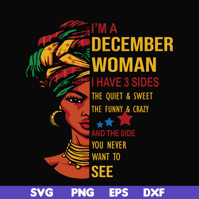 BD0107-I'm a December woman i have a 3 sides the quiet & sweet the funny & crazy and the side you never want to see svg, birthday svg, png, dxf, eps digital fil
