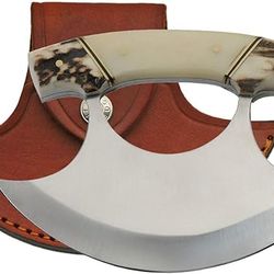 5.5" stag handle crescent blade ulu knife with sheath, brown