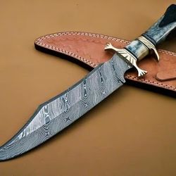 Handforged Custom Damascus Bowie Knife with Camel Bone Handle and Leather Sheath