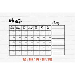 Calendar with notes, Home Office Decor, Monthly Calendar Cut File, Calendar Downloadable, Laser cut