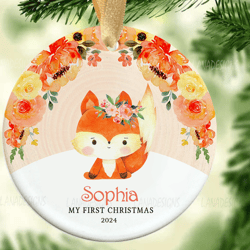baby's first christmas ornament sublimation designs, new babys 1st xmas fox ornament png, baby name round ornaments png
