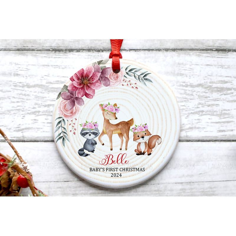 Baby Girl 1st Christmas Ornament Instant Download Baby Name Woodland Ornament PNG First Xmas Baby S 1
