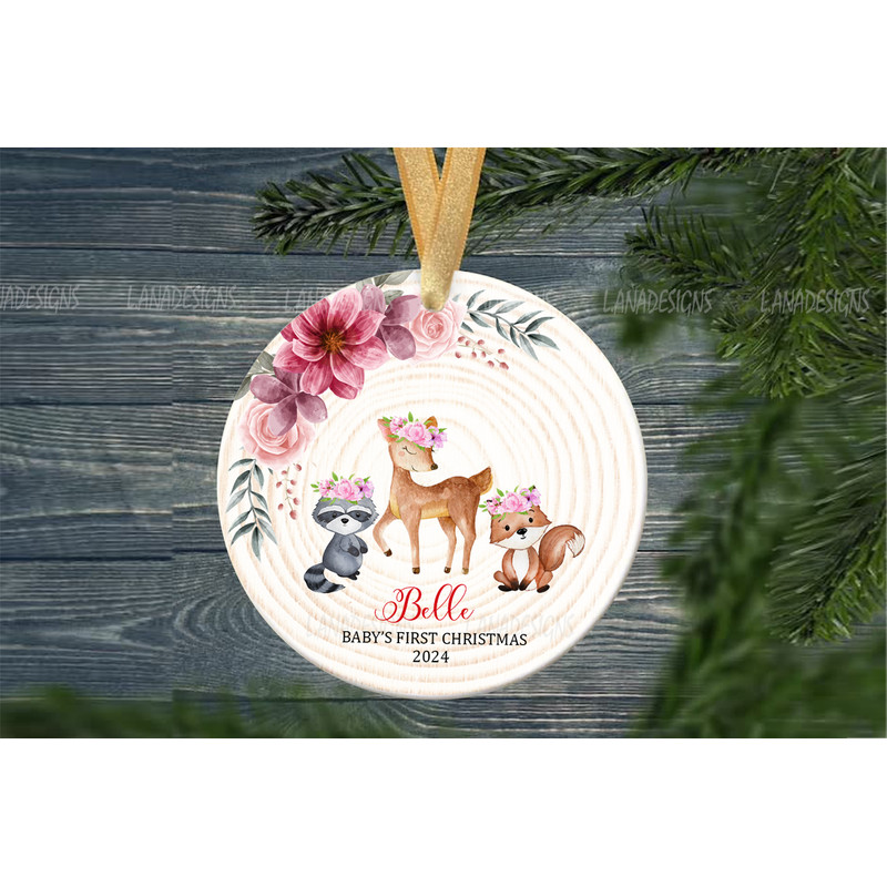 Baby Girl 1st Christmas Ornament Instant Download Baby Name Woodland Ornament PNG First Xmas Baby S 2