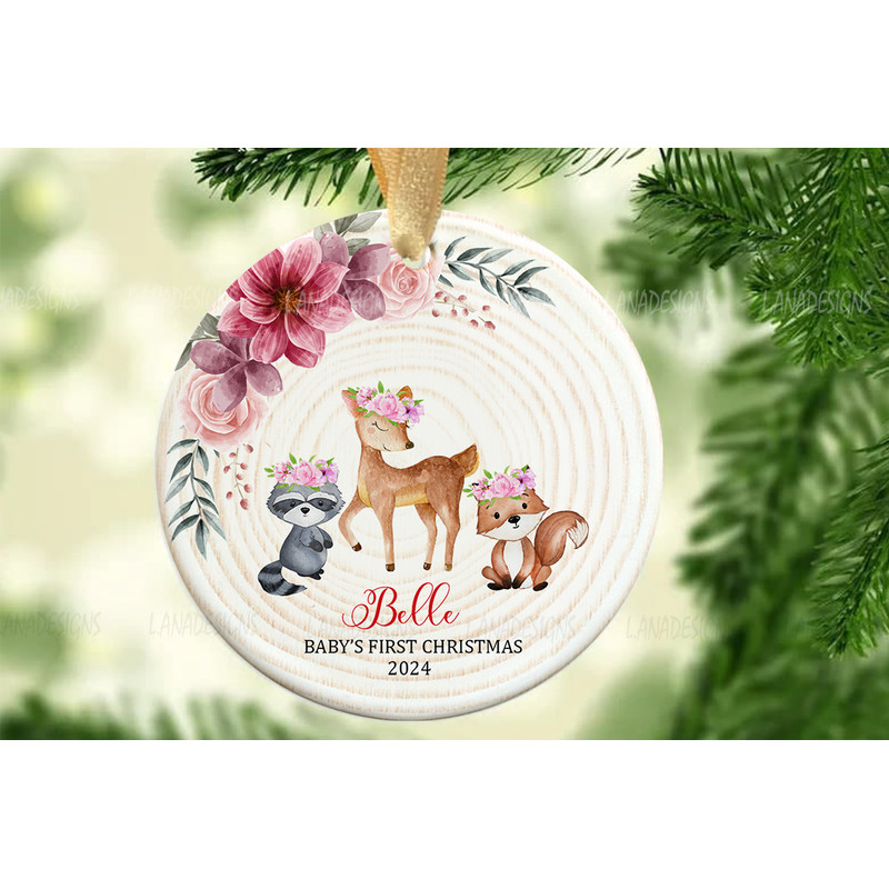 Baby Girl 1st Christmas Ornament Instant Download Baby Name Woodland Ornament PNG First Xmas Baby S 0