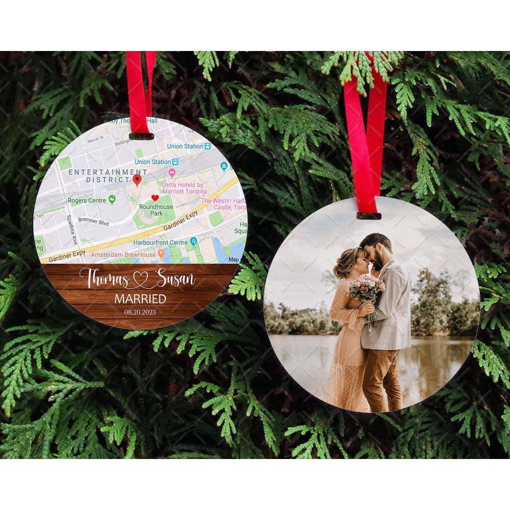 Just Married Location Christmas Ornament PNG Married Couple Photo Ornament Png Newlywed Anniversary 0